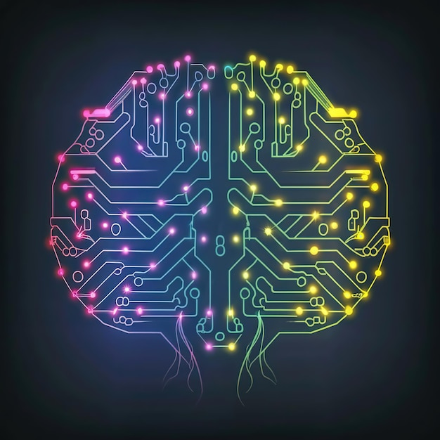 2d vector illustration colorful the human brain technology and electronic chips