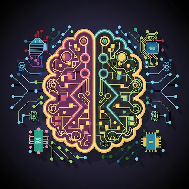 Vector 2d vector illustration colorful the human brain technology and electronic chips