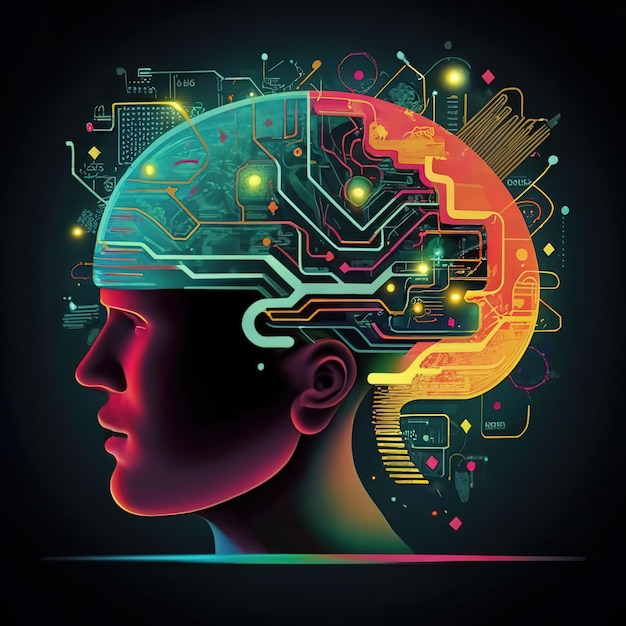 2d vector illustration colorful the human brain technology and electronic chips