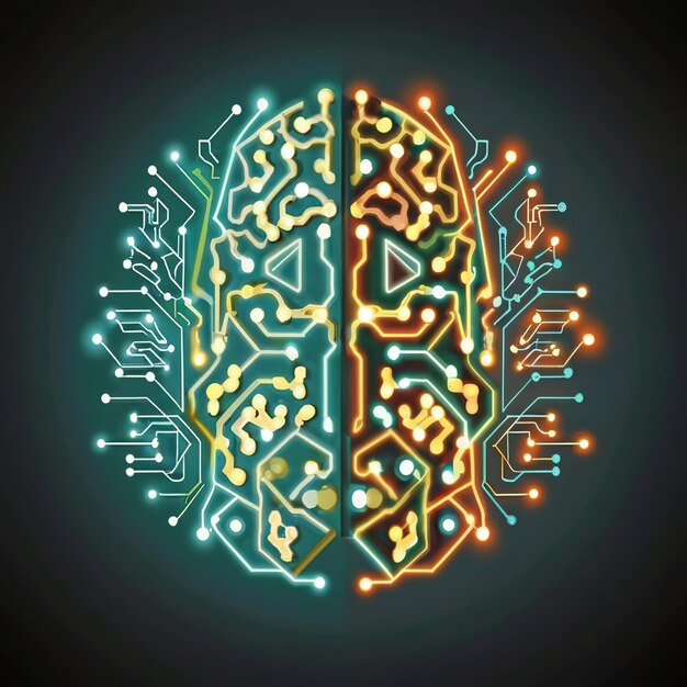 Vector 2d vector illustration colorful the human brain technology and electronic chips