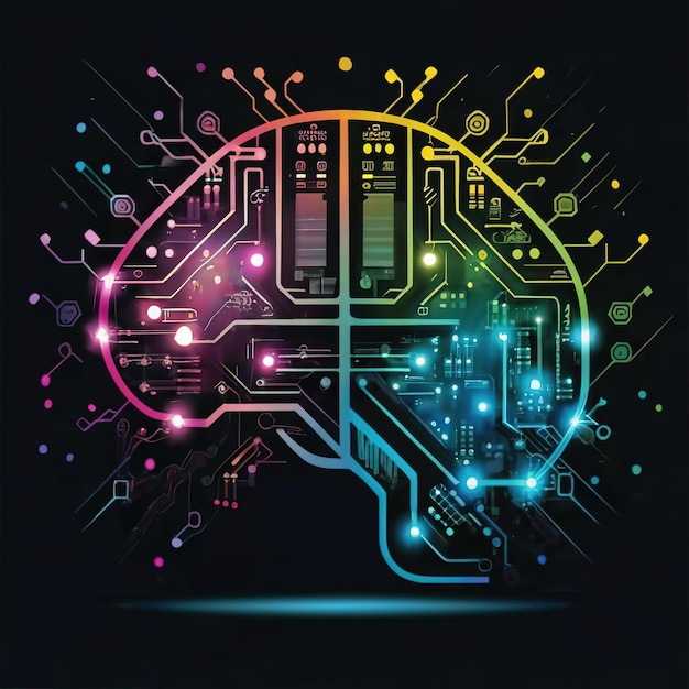 2d vector illustration colorful The human brain technology and electronic chips