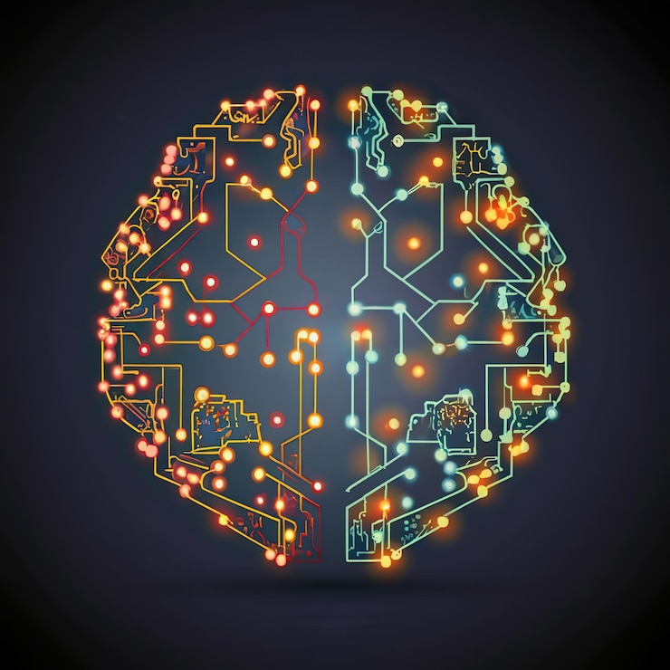 Vector 2d vector illustration colorful the human brain technology and electronic chips