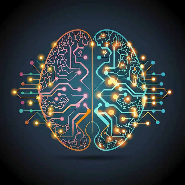 Vector 2d vector illustration colorful the human brain technology and electronic chips