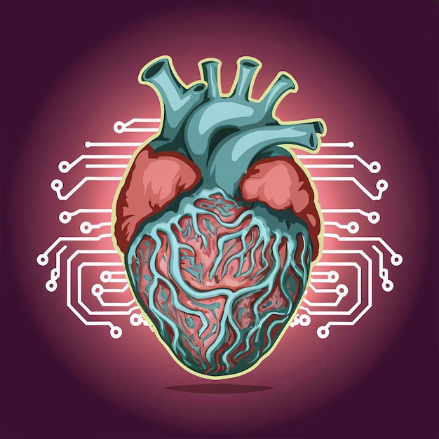 Vector 2d vector illustration colorful the human hart technology and electronic chips