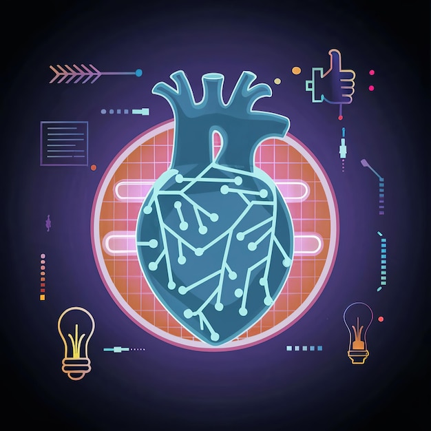 Vector 2d vector illustration colorful the human hart technology and electronic chips