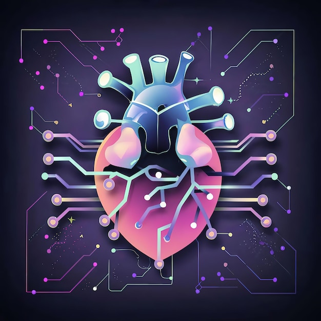 Vector 2d vector illustration colorful the human hart technology and electronic chips