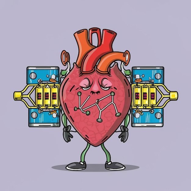 2D векторная иллюстрация красочной технологии человеческого сердца и электронных чипов