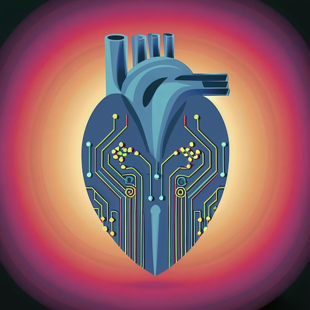 Vector 2d vector illustration colorful the human hart technology and electronic chips