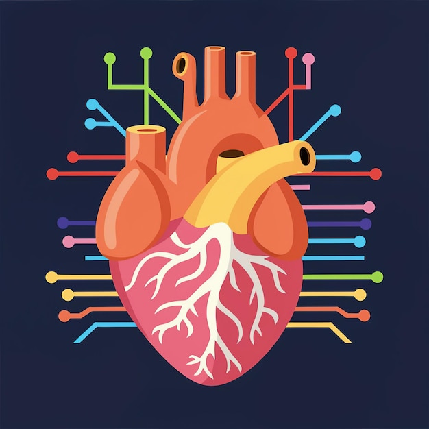 Vector 2d vector illustration colorful the human hart technology and electronic chips