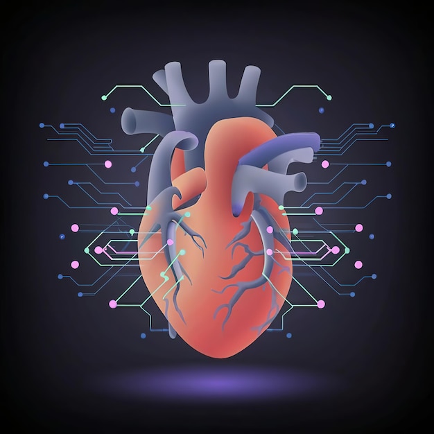 Vector 2d vector illustration colorful the human hart technology and electronic chips