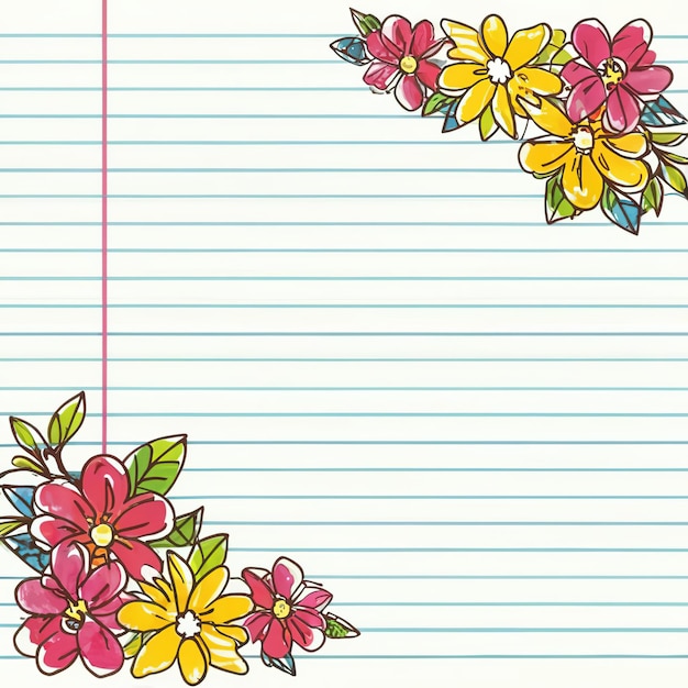 2D 터 일러스트레이션 다채로운 라인 된 종이에서 만들어진 달한 디자인 수채화 꽃 라인 페이지