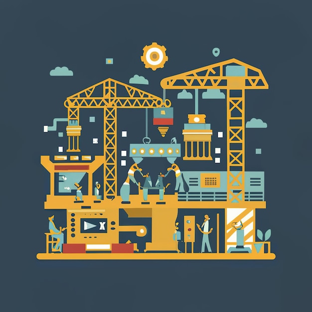 2d vector illustration colorful machine worker and Industry and its development technology factor