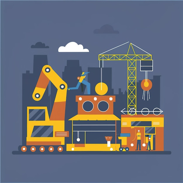 2d vector illustration colorful machine worker and industry and its development technology factor