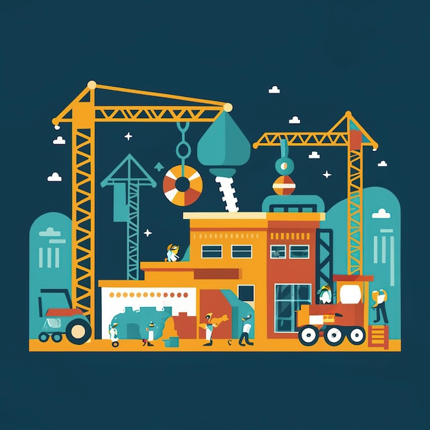 2d vector illustration colorful machine worker and Industry and its development technology factor