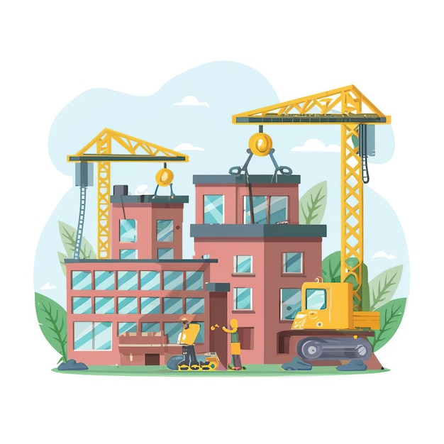 2d vector illustration colorful machine worker and Industry and its development technology factor