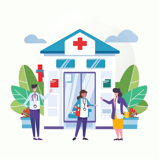 Vector 2d vector illustration colorful the medical field and care between the patient the doctor nurse