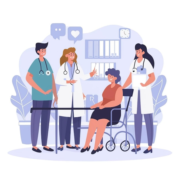 2d vector illustration colorful the medical field and care between the patient the doctor nurse