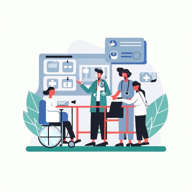 Vector 2d vector illustration colorful the medical field and care between the patient the doctor nurse