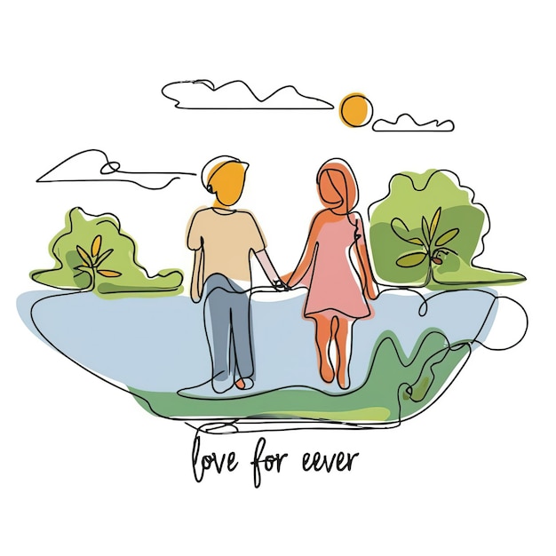 2d vector illustration colorful One Line continuous drawing of text love for ever