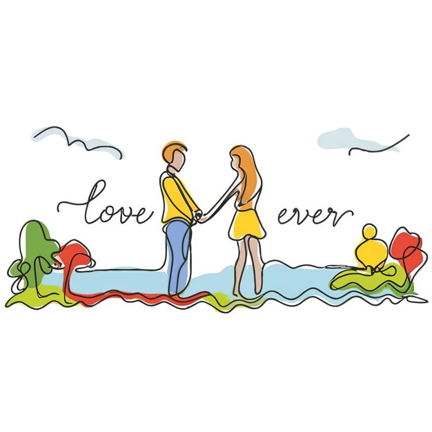 2d vector illustration colorful One Line continuous drawing of text love for ever