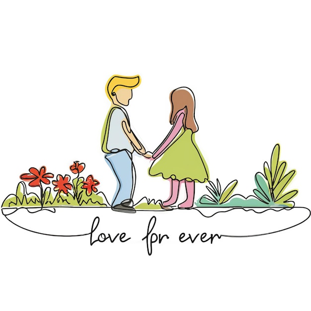 2d vector illustration colorful One Line continuous drawing of text love for ever