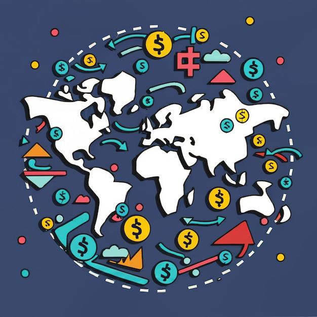 2d vector illustration colorful trading over the world map money bitcoin crypto