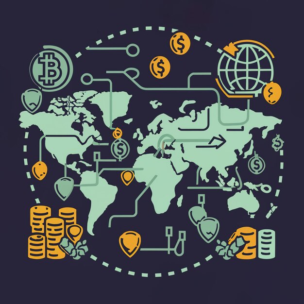 Illustrazione vettoriale 2d commercio colorato su mappa del mondo denaro bitcoin crittografia