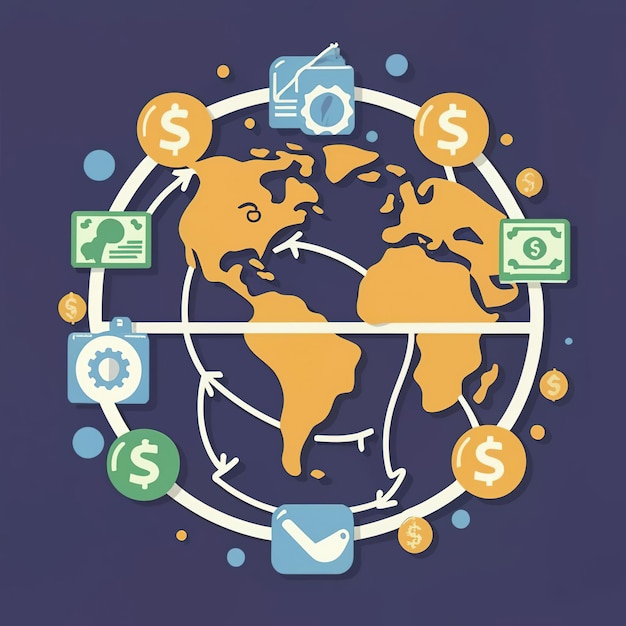 Vector 2d vector illustration colorful trading over the world map money bitcoin crypto