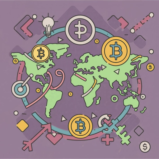 2D 터 일러스트레이션: 세계 지도에서 다채로운 거래, 돈, 비트코인, 암호화폐