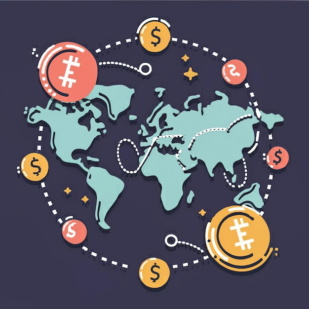 Vector 2d vector illustration colorful trading over the world map money bitcoin crypto