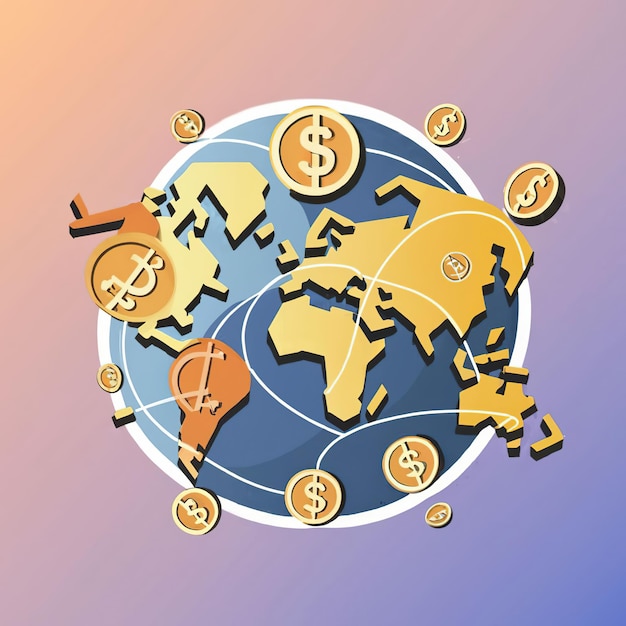 Vector 2d vector illustration colorful trading over the world map money bitcoin crypto