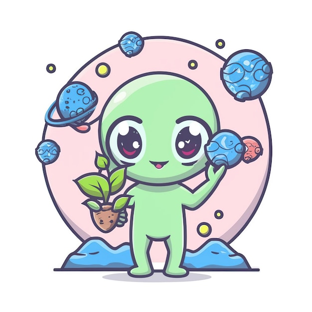 2d vector illustration cute alien holding sphere earth plant full body clean shape and and line