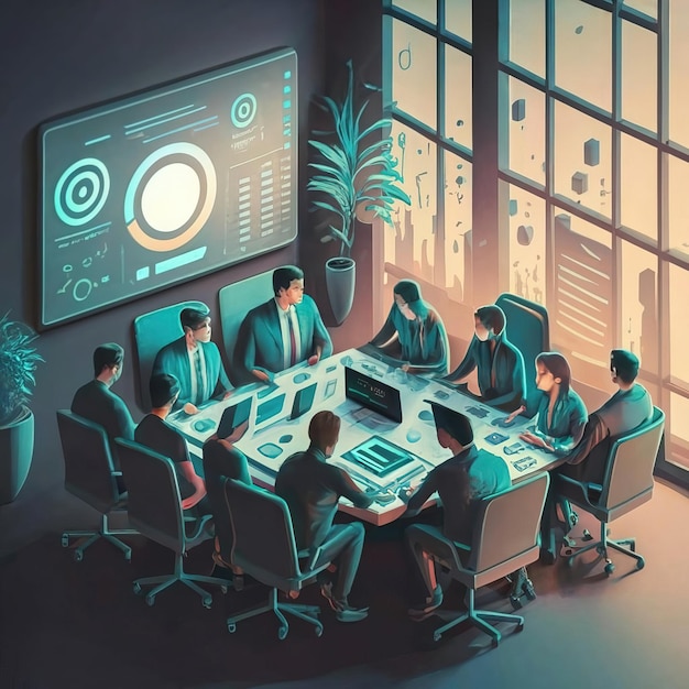 Vector 2d vector illustration office work meeting room business activates