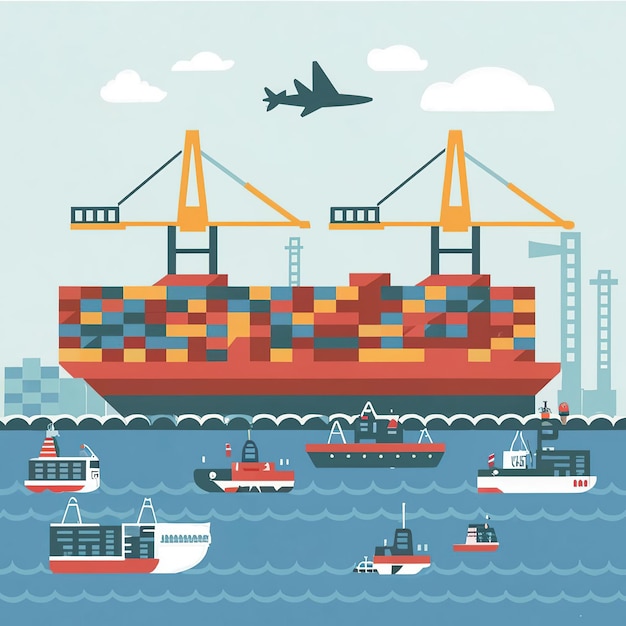 Vector 2d vector illustration showcasing the process of shipping goods by ships giant tankers and contain