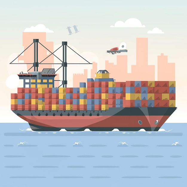 Vector 2d vector illustration showcasing the process of shipping goods by ships giant tankers and contain