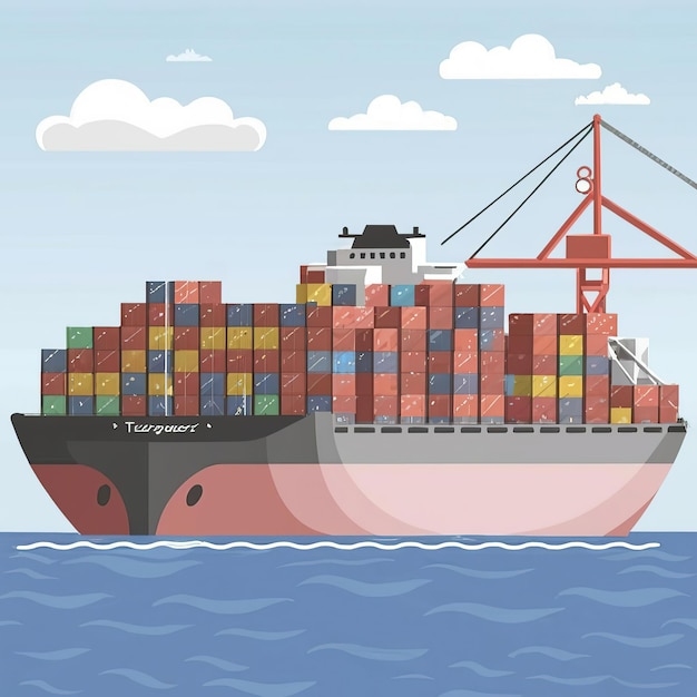 Vector 2d vector illustration showcasing the process of shipping goods by ships giant tankers containers