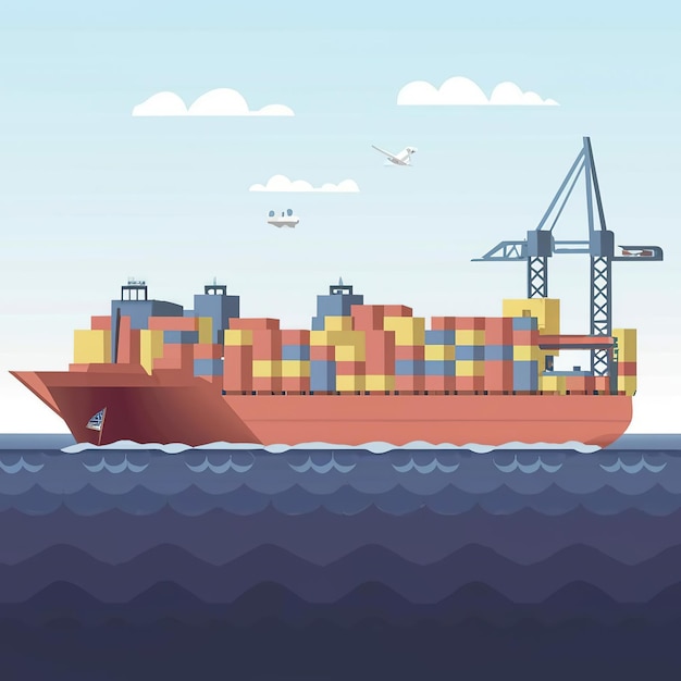 Vector 2d vector illustration showcasing the process of shipping goods by ships giant tankers containers