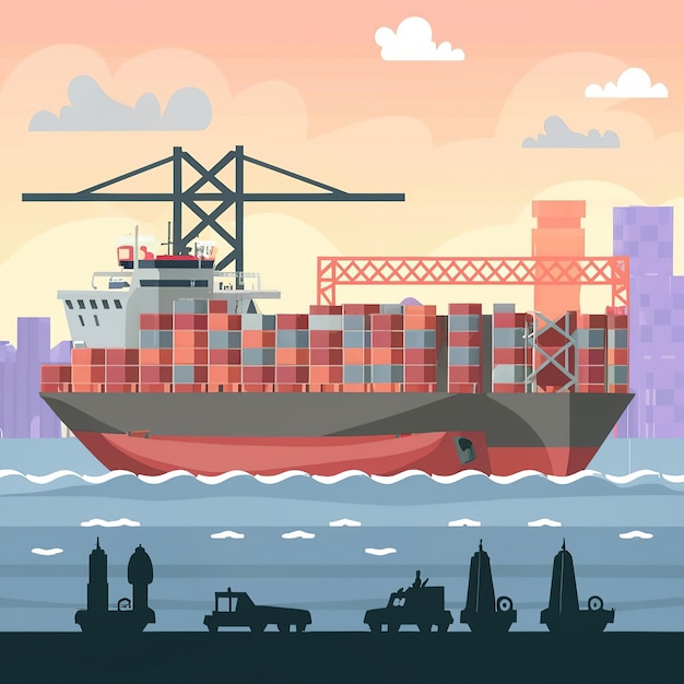 Vector 2d vector illustration showcasing the process of shipping goods by ships giant tankers containers