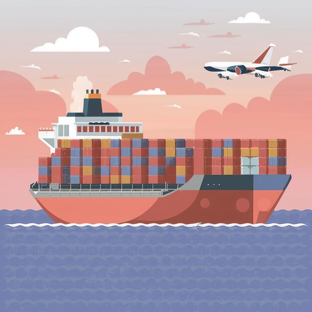 Vector 2d vector illustration showcasing the process of shipping goods by ships giant tankers containers