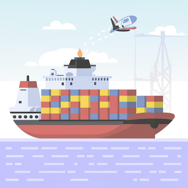 Vector 2d vector illustration showcasing the process of shipping goods by ships giant tankers containers