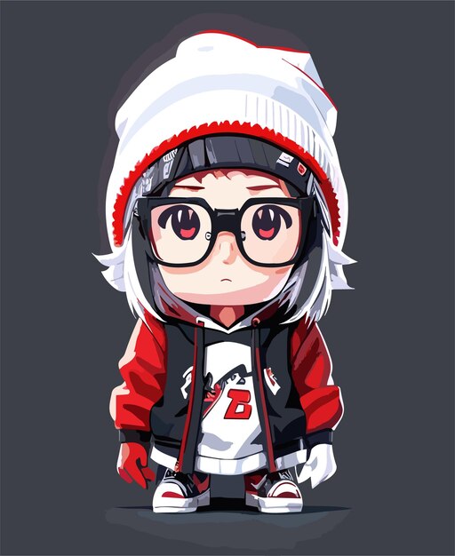 2d vector with white background Beanie White Hair Red Eyes Glasses Hoodie Diaper Socks