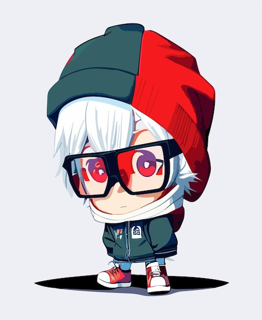 2d vector with white background Beanie White Hair Red Eyes Glasses Hoodie Diaper Socks