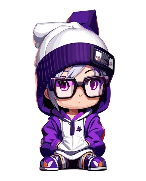 2d vector with white background purple beanie white hair red eyes glasses purple hoodie diaper