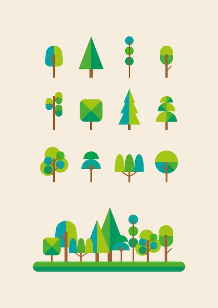 Vector 2d view of trees forest. vector illustration