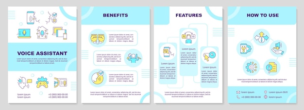 Design del volantino del modello di brochure blu dell'assistente vocale 2d con icone a linea sottile 4 layout vettoriali