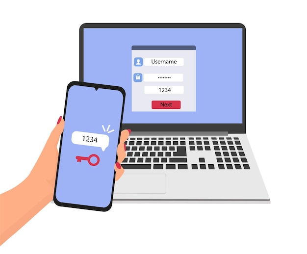 Двухэтапная аутентификация 2FAРазблокировка через мобильный телефон Векторная плоская иллюстрация