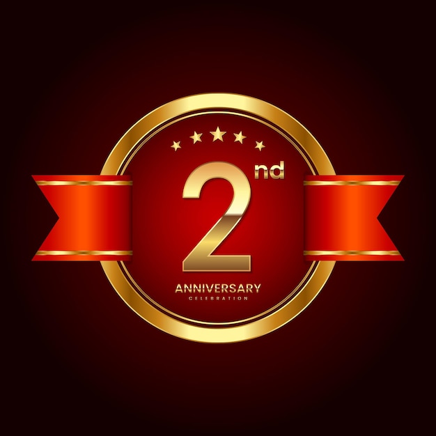 2nd Anniversary logo with badge style Anniversary logo with gold color and red ribbon Logo Vector