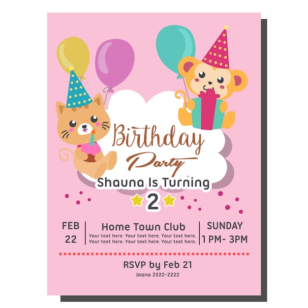 2nd birthday party invitation card template with cute cat monkey