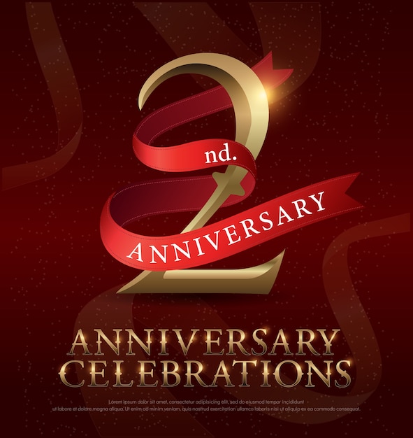 Vector 2nd year anniversary celebration golden logo with red ribbon