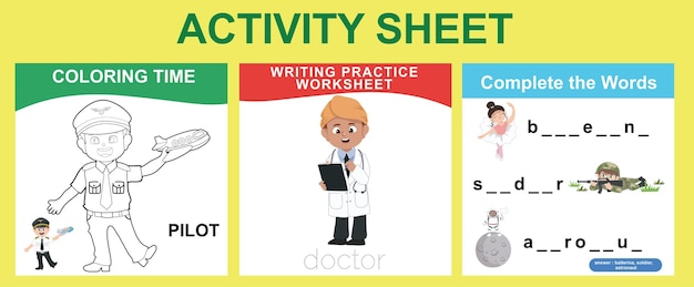 3 in 1 Activity Sheet for children. Coloring, complete the words and writing activity. Vector File